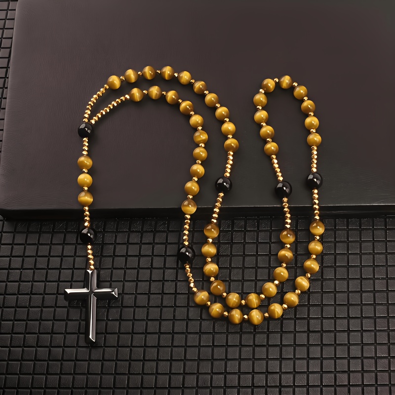 Blue Tiger Eye Cross Pendant Necklace, Unisex